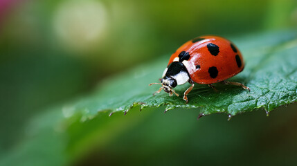 Obraz premium Bright Red Ladybug On Green Leaf Macro Shot With Soft Background