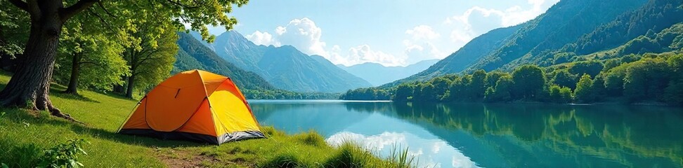 Serene Summer Camping by Calm Lake Picturesque Tent nestled amongst lush green trees under a clear blue sky. Perfect for travel, adventure, and outdoor lifestyle imagery.