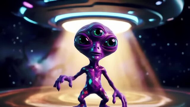 Cute alien in space, gesturing under a spaceship, with starry background, for sci-fi theme