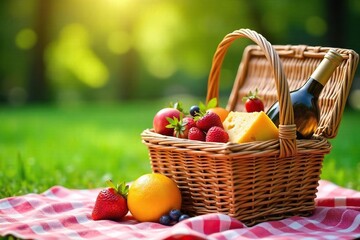 Charming Wicker Picnic Basket Overflowing with Fresh Fruit, Crusty Bread, and Cheese ? Perfect for a Delightful Outdoor Meal in Spring, Summer, or Fall