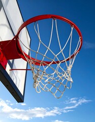 Close-up of a basketball hoop and net against a vibrant blue sky