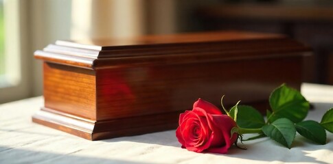 Polished Wooden Casket with Wilting Rose A Poignant Remembrance on an Anniversary, Softly Lit for a Touch of Gentle Sorrow.