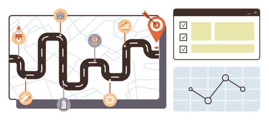 Winding roadmap marking goals, milestones, and final target. Features charts, graphs, checklist dashboard. Ideal for planning, strategy progress goals success analytics and business. Simple flat