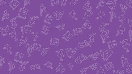 Patterned purple background with various finance and question mark icons in a flat lay composition. - Powered by Adobe