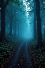Mysterious Misty Forest Path A Winding Trail Disappearing into Fog, Evoking Enigmatic Halloween and Fantasy Themes