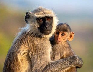 Close-up of a gray langur monkey and its young, embracing