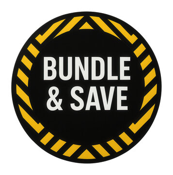 Circular sticker with BUNDLE & SAVE offer in bold white lettering, striking retail discount promo on transparent background.