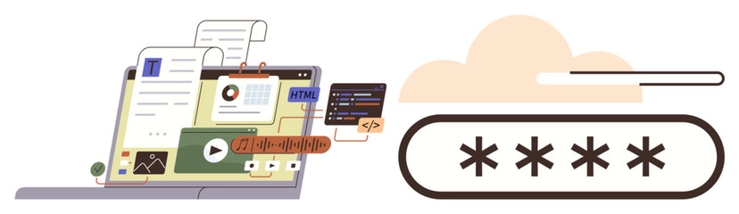 Laptop with HTML code, charts, video, and documents alongside a progress bar and password illustration. Ideal for cybersecurity, programming, digital tools, teamwork, cloud technology analytics