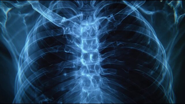Close-up cinematic view of a human rib x-ray scan, showcasing detailed thoracic anatomy with high-resolution radiology imaging, realistic lighting, and professional medical perspective
