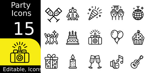 Collection of 15 editable party icons featuring a camera