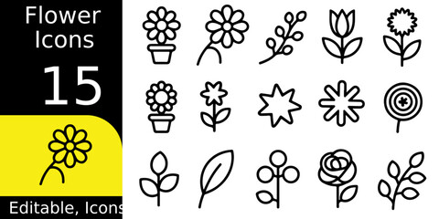 Fifteen editable flower icons collection