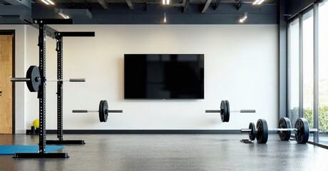 Large frameless television off mounted near squat racks in modern training hall