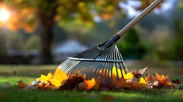 Empty garden rake resting beside a heap of bright maple leaves on a tidy lawn, soft bokeh background and afternoon sun, with copy space