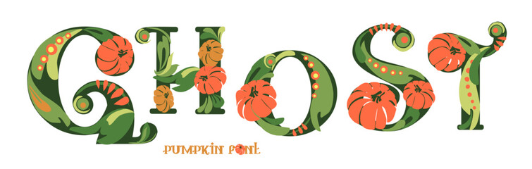Font composition of letters with pumpkins. Words for the autumn holiday Halloween. Autumn mood