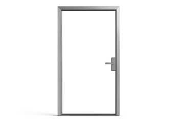 Glass door with metal frame and handle on transparent background