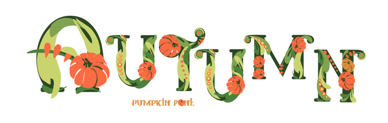 Font composition of letters with pumpkins. Words for the autumn holiday Halloween. Autumn mood