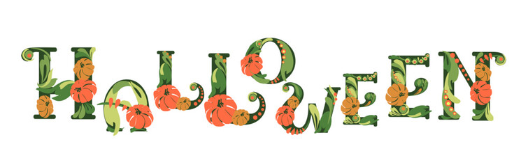 Font composition of letters with pumpkins. Words for the autumn holiday Halloween. Autumn mood