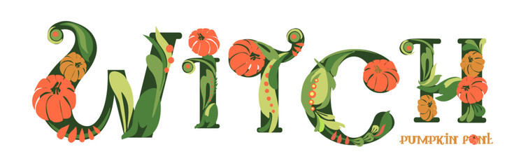 Font composition of letters with pumpkins. Words for the autumn holiday Halloween. Autumn mood