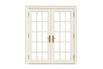 White classic French double glass doors on transparent background
