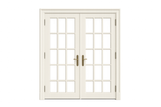 White classic French double glass doors on transparent background
