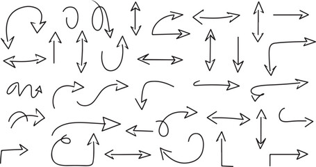 Collection of hand drawn black arrows pointing in various directions on a white background surface
