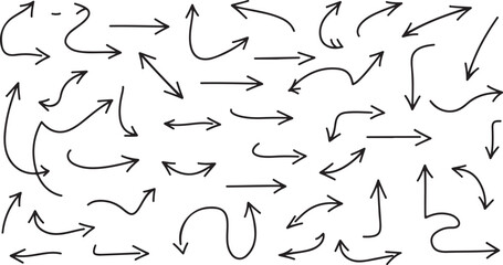 Collection of hand drawn black arrows pointing in various directions on a white background design element