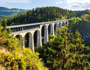 Long bridge spanning valley, surrounded by forest