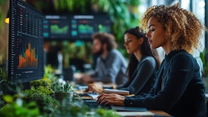 Businesswoman analyzing stock market charts at office desk with colleagues and decorative plants - Powered by Adobe