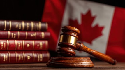 Gavel placed on legal books with Canadian flag symbolizing justice and law in Canada