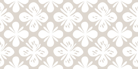Vector seamless pattern in hand-drawn style. Abstract floral background with stylized flowers, cutouts, petals. Delicate beige and white texture. Repeated design for textile, print, wallpaper, decor