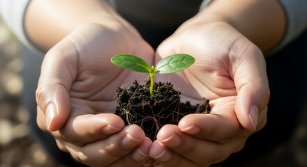 Young plant growing in caring hands nurturing nature
