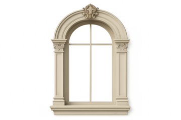 Ornate architectural arched window frame with transparent background