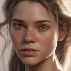 Fototapeta premium A highly detailed, hyper-realistic close-up portrait of an AI-generated human face. This digital artwork features lifelike skin textures, expressive eyes, and natural lighting.