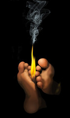 Burning foot pain from athlete's foot or diabetes is illustrated with fire and smoke on a pair of feet in a 3-d illustration.