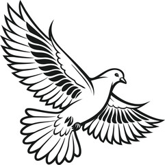 Obraz premium A detailed black and white line drawing of a dove in flight with its wings spread wide