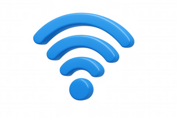 Blue wi-fi symbol connecting to wireless internet network, displaying broadcast signal and digital connectivity icon