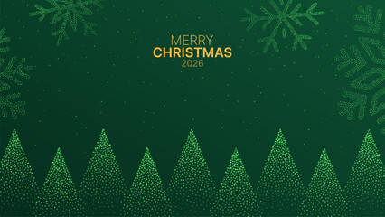 Green christmas vector background with snowflakes and christmas dotted design. Festive holiday greeting card with merry Christmas 2026 text.