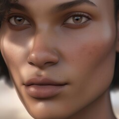 Fototapeta premium A highly detailed, hyper-realistic close-up portrait of an AI-generated human face. This digital artwork features lifelike skin textures, expressive eyes, and natural lighting.