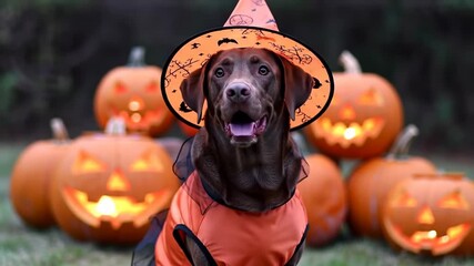 Dog in witch costume with lit pumpkins, celebrating Halloween. Ideal for holiday promotion or greeting cards