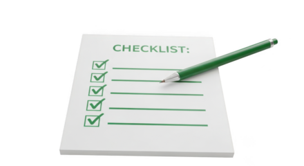 Checklist with green pen marking completed items ready for task management and organization