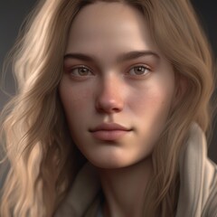 A highly detailed, hyper-realistic close-up portrait of an AI-generated human face. This digital artwork features lifelike skin textures, expressive eyes, and natural lighting.