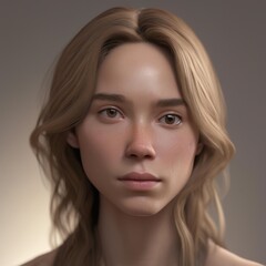 A highly detailed, hyper-realistic close-up portrait of an AI-generated human face. This digital artwork features lifelike skin textures, expressive eyes, and natural lighting.