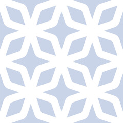 Vector seamless floral pattern with oriental geometric leaf and star forms. Minimal texture with simple grid, rhombus shapes. Pastel blue background. Repeated design for decor, textile, print, wrap