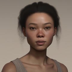 A highly detailed, hyper-realistic close-up portrait of an AI-generated human face. This digital artwork features lifelike skin textures, expressive eyes, and natural lighting.