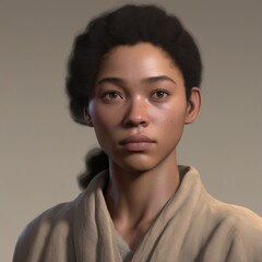 A highly detailed, hyper-realistic close-up portrait of an AI-generated human face. This digital artwork features lifelike skin textures, expressive eyes, and natural lighting.