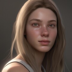 A highly detailed, hyper-realistic close-up portrait of an AI-generated human face. This digital artwork features lifelike skin textures, expressive eyes, and natural lighting.
