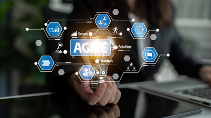 A professional person holds a light bulb symbolizing innovation, with various agile technology icons illustrating a modern approach to teamwork and project management. Tessel