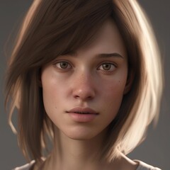 A highly detailed, hyper-realistic close-up portrait of an AI-generated human face. This digital artwork features lifelike skin textures, expressive eyes, and natural lighting.