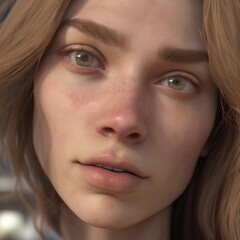 A highly detailed, hyper-realistic close-up portrait of an AI-generated human face. This digital artwork features lifelike skin textures, expressive eyes, and natural lighting.