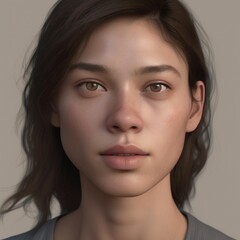 A highly detailed, hyper-realistic close-up portrait of an AI-generated human face. This digital artwork features lifelike skin textures, expressive eyes, and natural lighting.